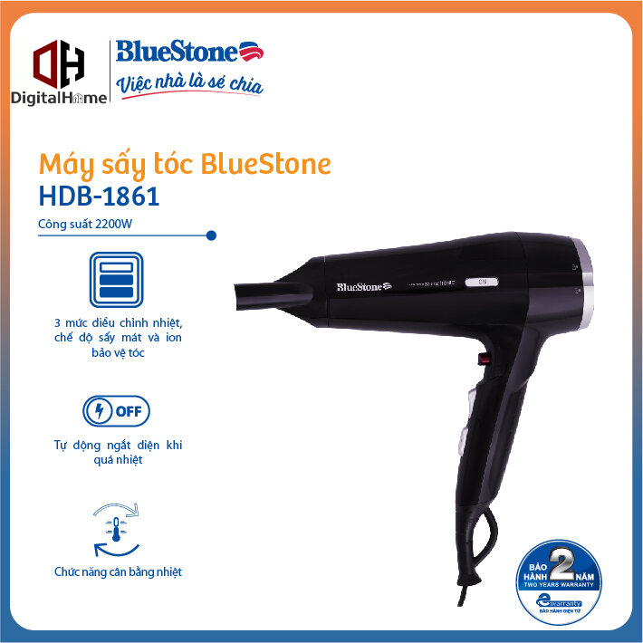 Máy sấy tóc bluestone hdb-1861, công suất 2200w, bảo hành chính hãng 2 năm
