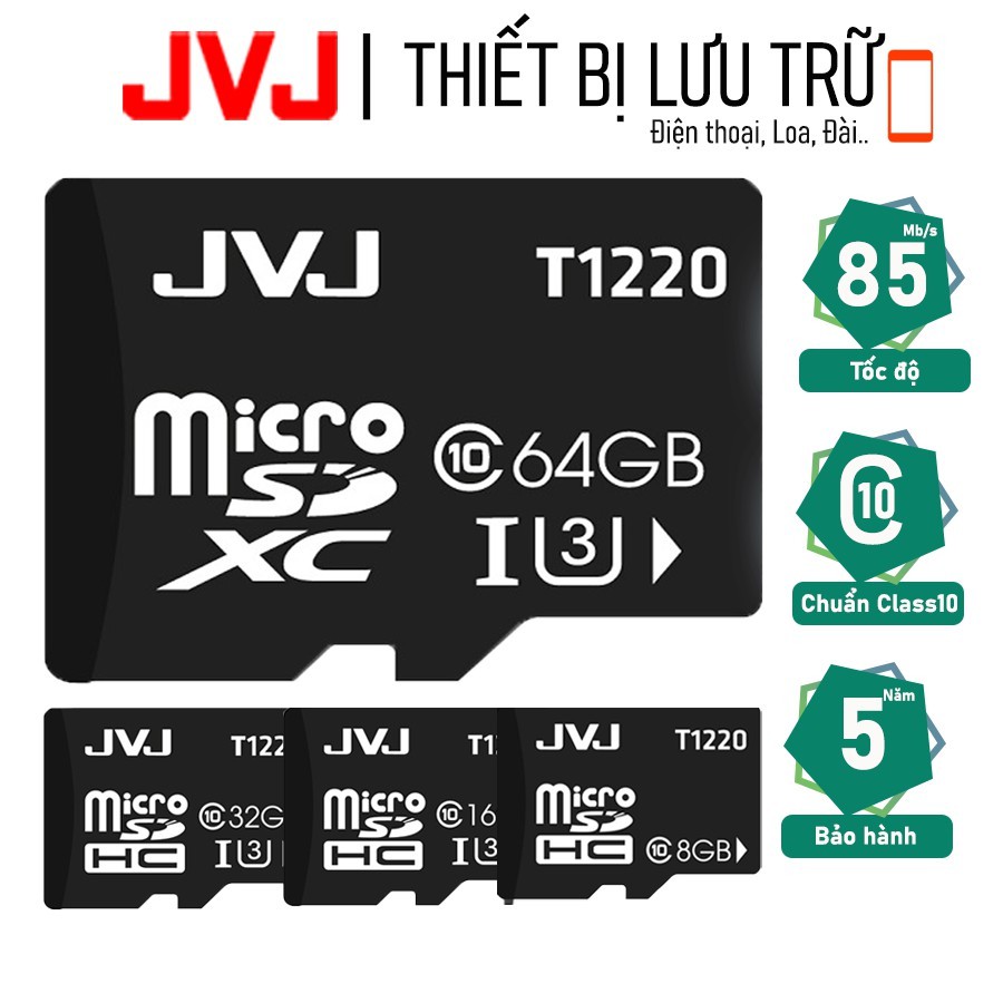 Thẻ nhớ JVJ 64GB/32GB/16GB/8GB/4GB tốc độ cao - thẻ nhớ chuyên dụng điện thoại, thẻ game, máy tính bảng, loa đài, camera BH 5 năm, 1 đổi 1, Samsung, Oppo, Xiaomi, điện thoại android