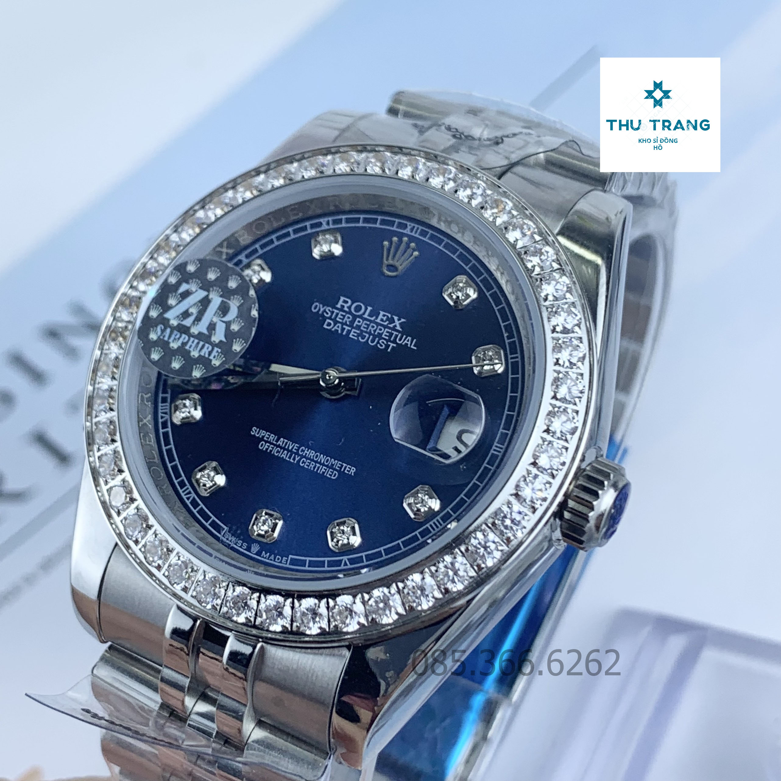 Đồng hồ Nam Đồng hồ cơ Rolex Automatic mẫu classic mặt xanh viền trắng đính đá size 39mm-40mm