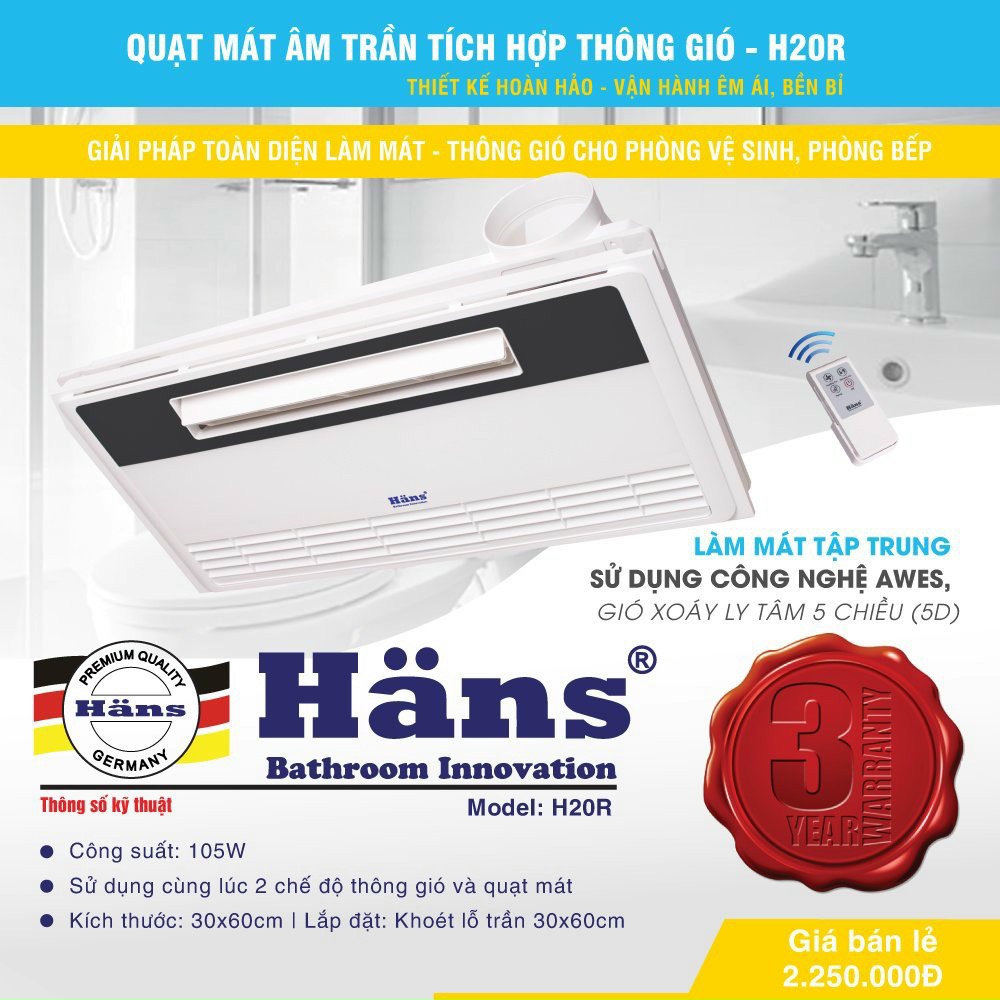 Quạt mát âm trần tích hợp thông gió, có điều khiển từ xa Han - H20R