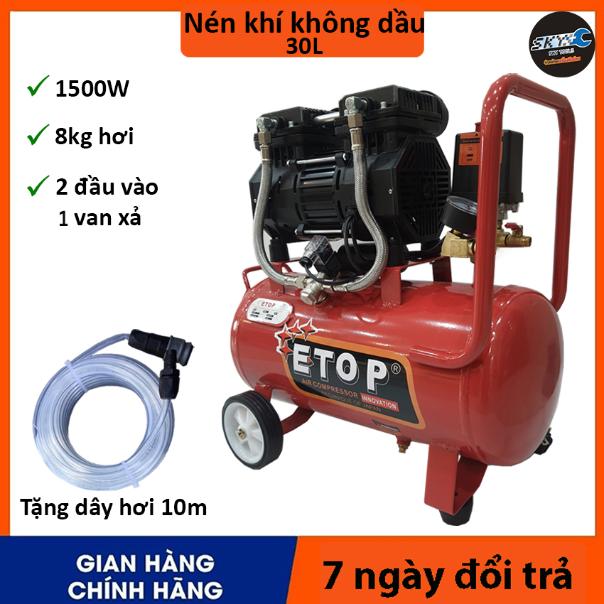 1500w30l Máy nén khí không dầu, ít ồn, khí siêu sạch, nạp khí siêu nhanh 45s đầy bình 2 đầu vào 1 van xả 1500w 30l , nén khí 30l dùng phun sơn , xịt hơi , bắn đinh , xì khô ... Đầy đủ pk tặng đầu nối nhanh
