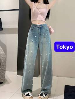 QUẦN BAGGY JEAN NỮ CHẤT BÒ XANH ỐNG RỘNG ĐÍNH NGỌC TRAI LƯNG CAO NÂNG MÔNG HOT TREND 2024 DB-7000- TOKYO FASHION