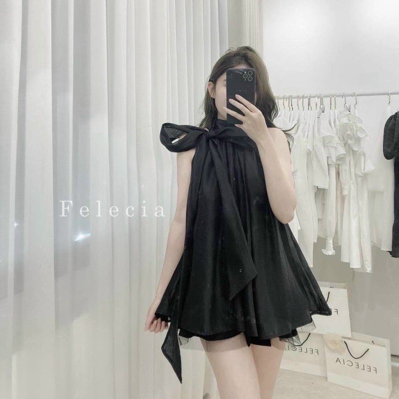 áo kiểu nữ cổ yếm có thắt nơ siêu xinh áo thời trang dáng dài giầu quần form babydoll không kén dáng