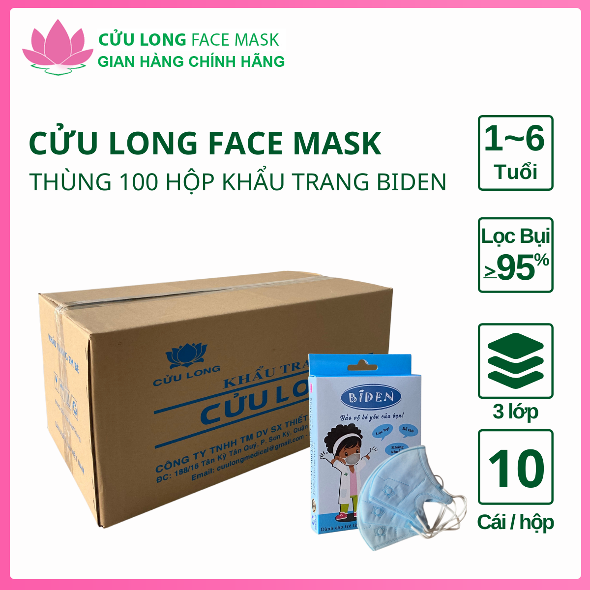 Thùng 100 hộp khẩu trang em bé Biden hình cá heo 3 lớp kháng khuẩn chính hãng Cửu Long Face Mask ( 100 hộp )
