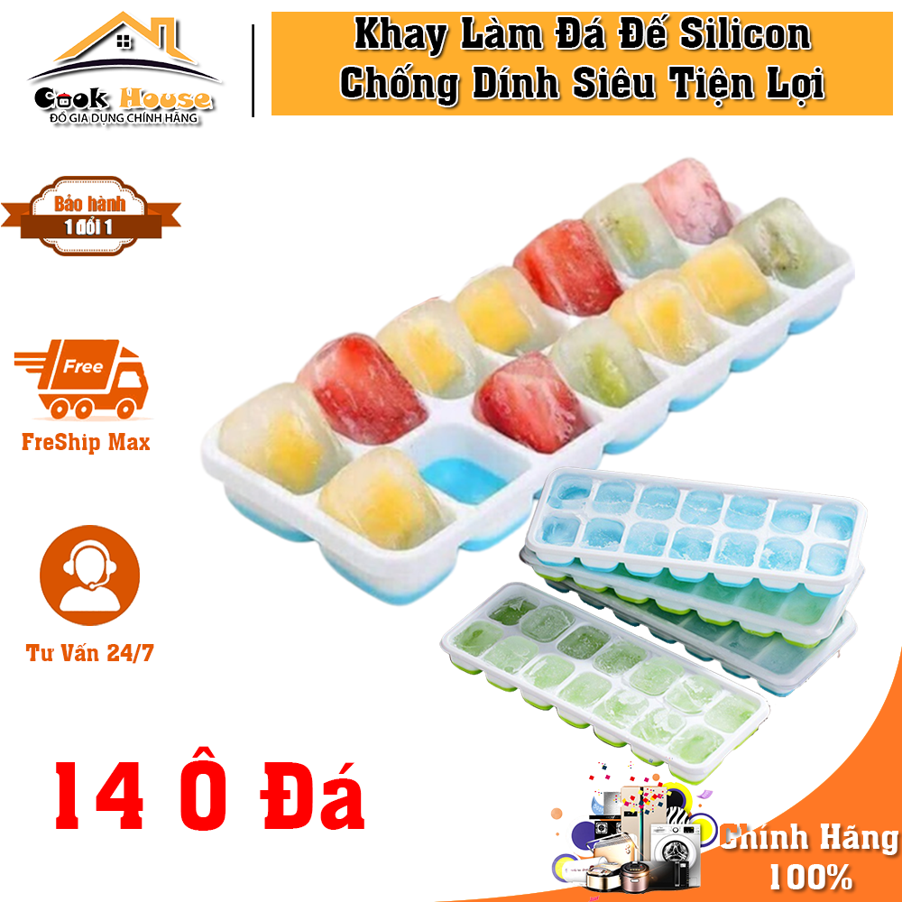 Khay Làm Đá Silicon 14 Ô Tiện Lợi Có Nắp Đậy Tránh Mùi Giá Cả Siêu Cạnh Tranh, Khay Làm Đá Nhựa 14 Ngăn Đế Silicon Chống Dính Tách Đá Dễ Dàng Có Nắp Đậy Mẫu Mới Nhất