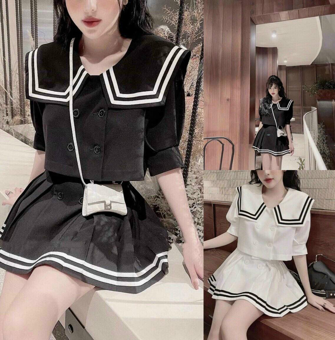 [Hàng Hot] Sét Đồ Bộ Nữ Thủy Thủ Áo Đính Cúc & Chân Váy ( Chân Váy Có Quần Trong ) Thời Trang Kiểu Cách Đi Chơi, Đi Dự Tiệc D.ONE FASHION, Mẫu Free Size (40-55Kg) Mặc Vừa