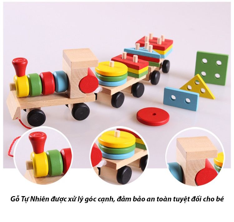 Đồ chơi đoàn tàu màu sắc thả cọc hình khối, xe lửa thả cọc hình trụ gỗ giáo dục sớm cho bé alohalove baby ab12