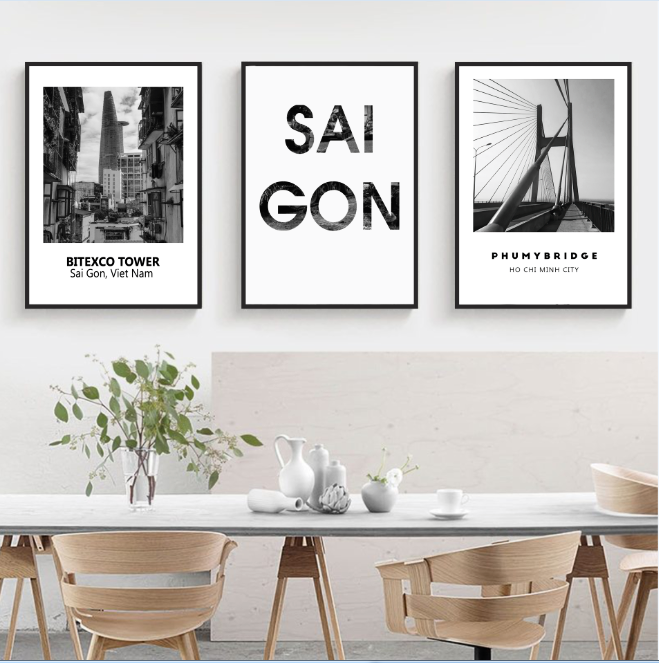 Bộ 3 Khung Tranh Treo Tường Nghệ Thuật In Canvas -Sài gòn và Hà nội - Kèm khung - 3 bức 40x60cm