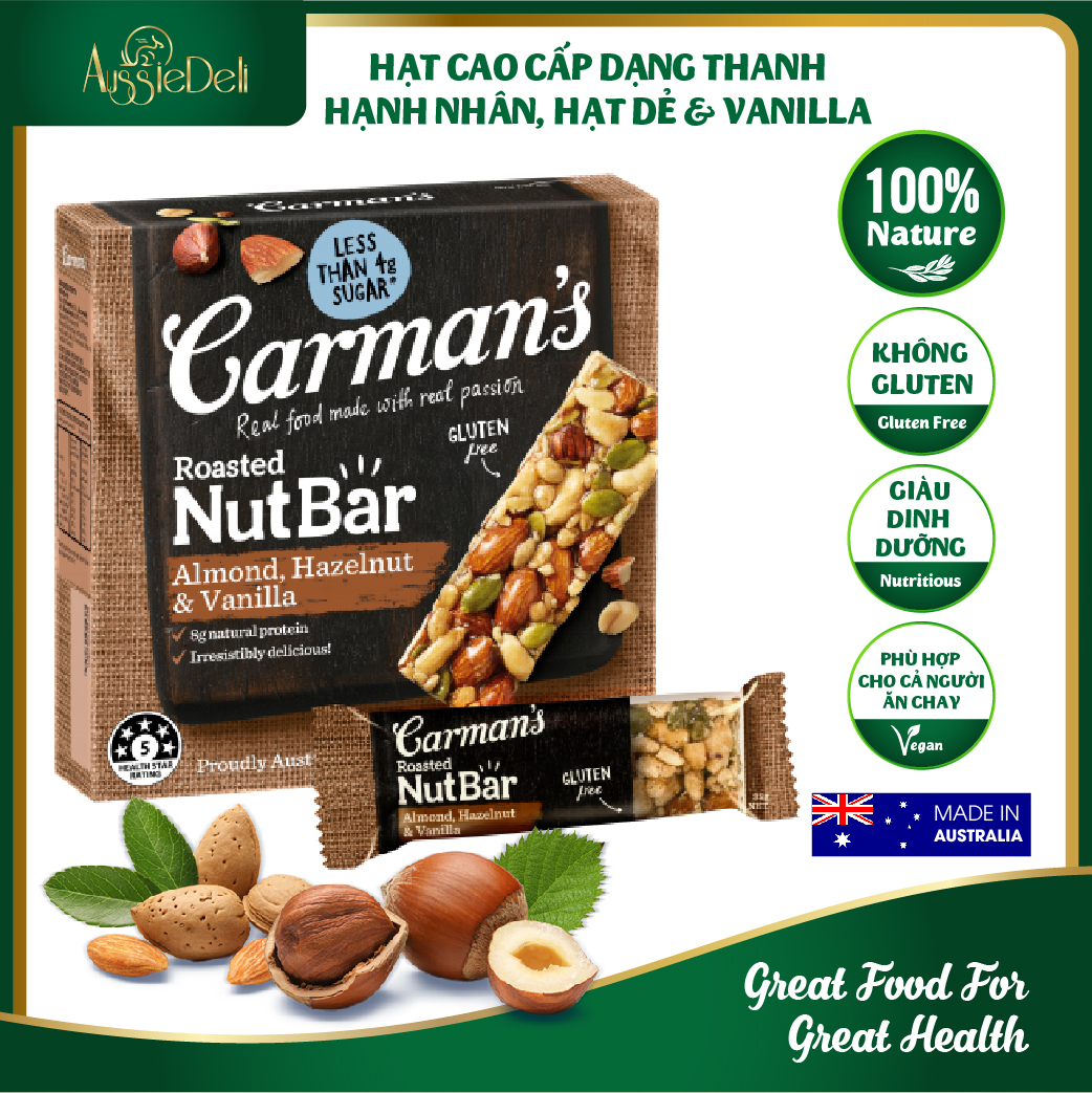 Thanh Hạt Ăn Kiêng Hạnh Nhân, Hạt Dẻ & Vanilla Carman's - Nut Bar Almond Hazelnut & Vanilla Hộp 175g