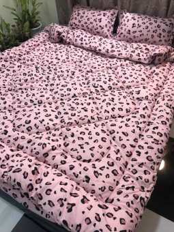 Trọn bộ 5 món ga gối chăn phao poly cotton mẫu Báo Hồng có ruột bông dày loại 1 ( nhắn chọn mẫu )