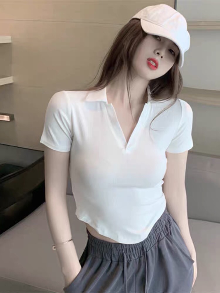 Áo croptop cổ polo vạt bầu, áo croptop cổ polo unisex dáng ôm cotton