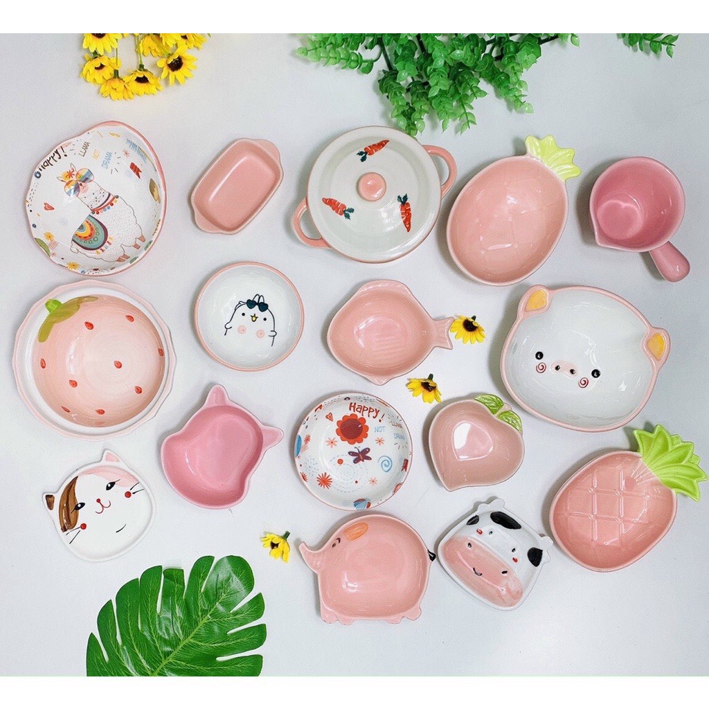 Combo chén sứ ăn dặm màu hồng cho bé