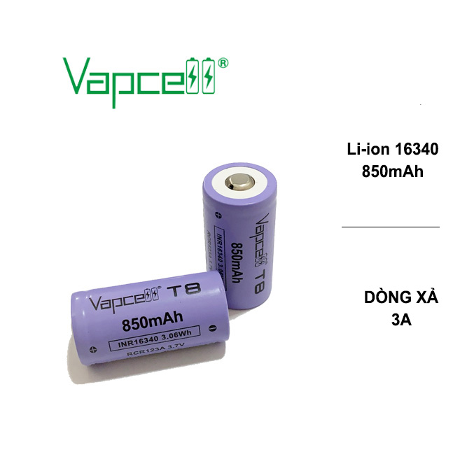 PIN SẠC VAPCELL 16340 LI-ION DUNG LƯỢNG 850MAH DÒNG XẢ 3A