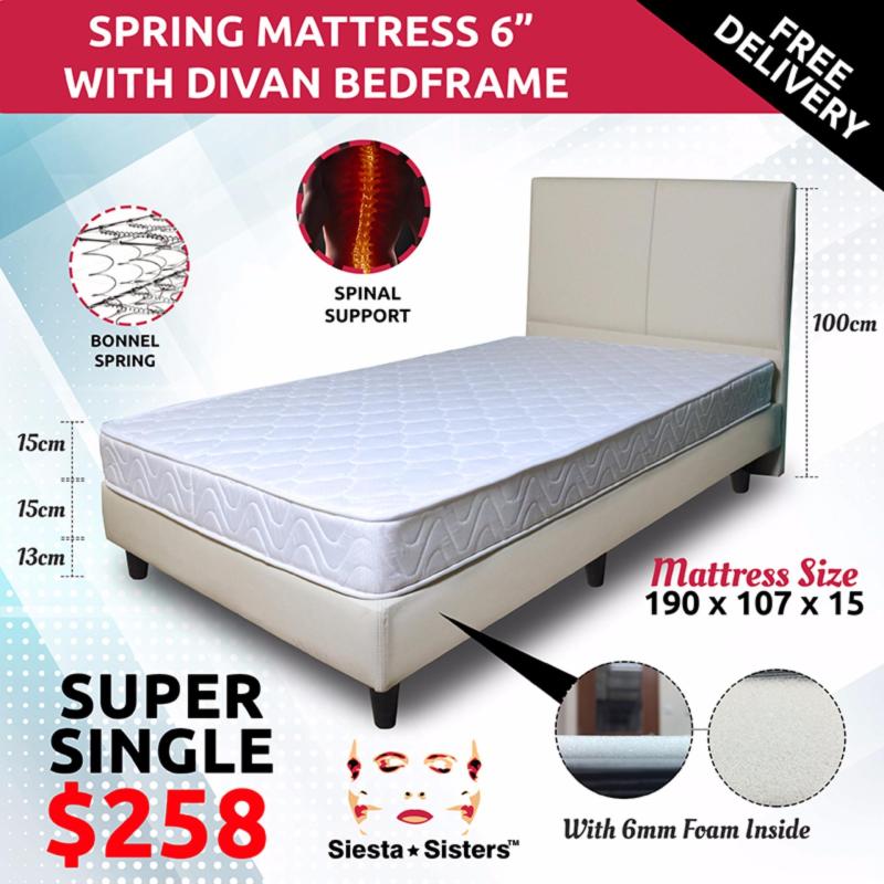 6 Inches Spring Mattress with Divan bed frame and headboard - Super Single Size