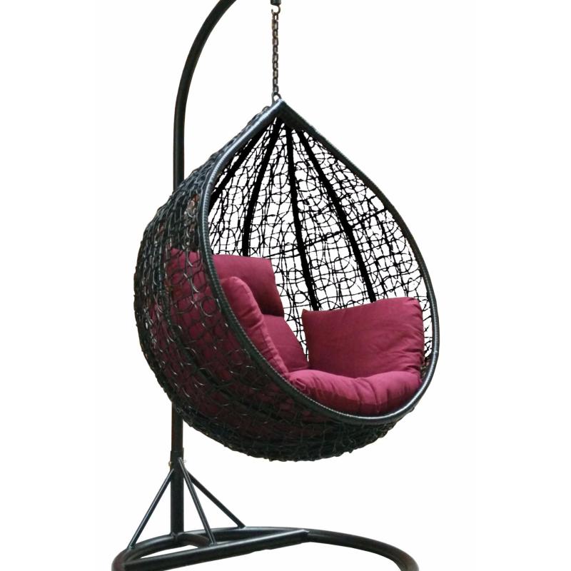 Amber Initial Black Rattan Swing Chair with maroon Cushion