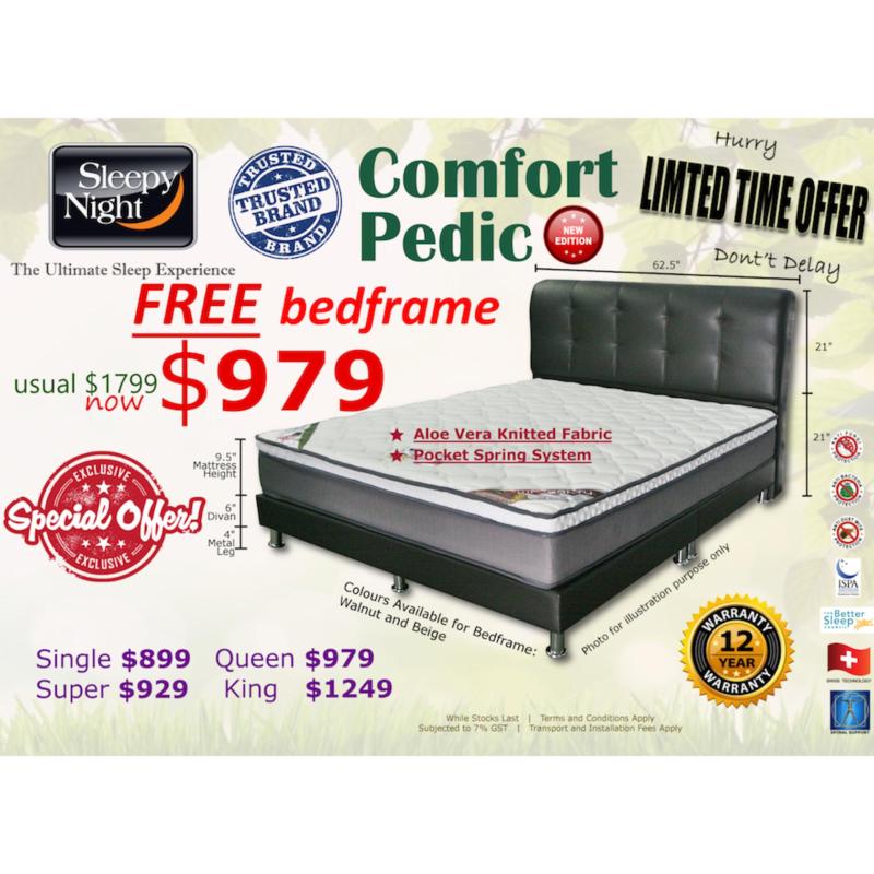 Sleepy Night Comfort Pedic Pocket Spring Mattress + Free Bedframe