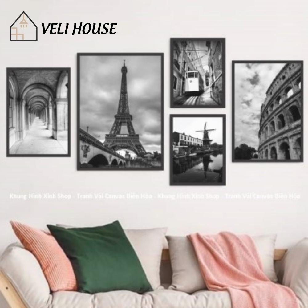 Bộ 5 tranh vải canvas treo tường bắc âu kcv70 - Paris đen trắng - Kèm khung - Veli house