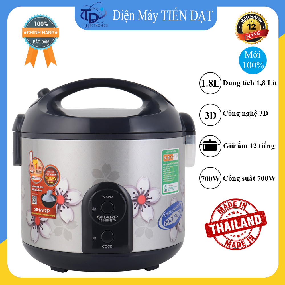 Nồi cơm điện Sharp 1.8 lít KS-NR191STV-Lòng nồi hợp kim nhôm tráng men chống dính bền bỉ,nấu cơm chín nhanh,tiết kiệm điện năng với công nghệ nấu 3D.dung tích 1.8 lít, phù hợp gia đình từ 4 - 6 người.