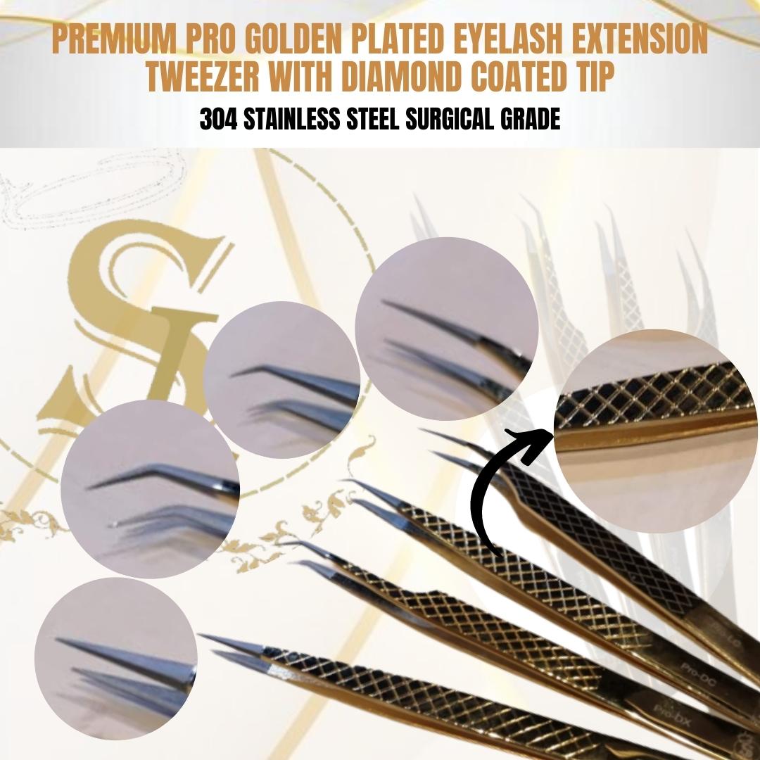 Gambar (PROMO) SL Premium Pro Golden Plated Eyelash Extension Tweezers Set with Diamond Coated Tip  Scarlet Lashes 