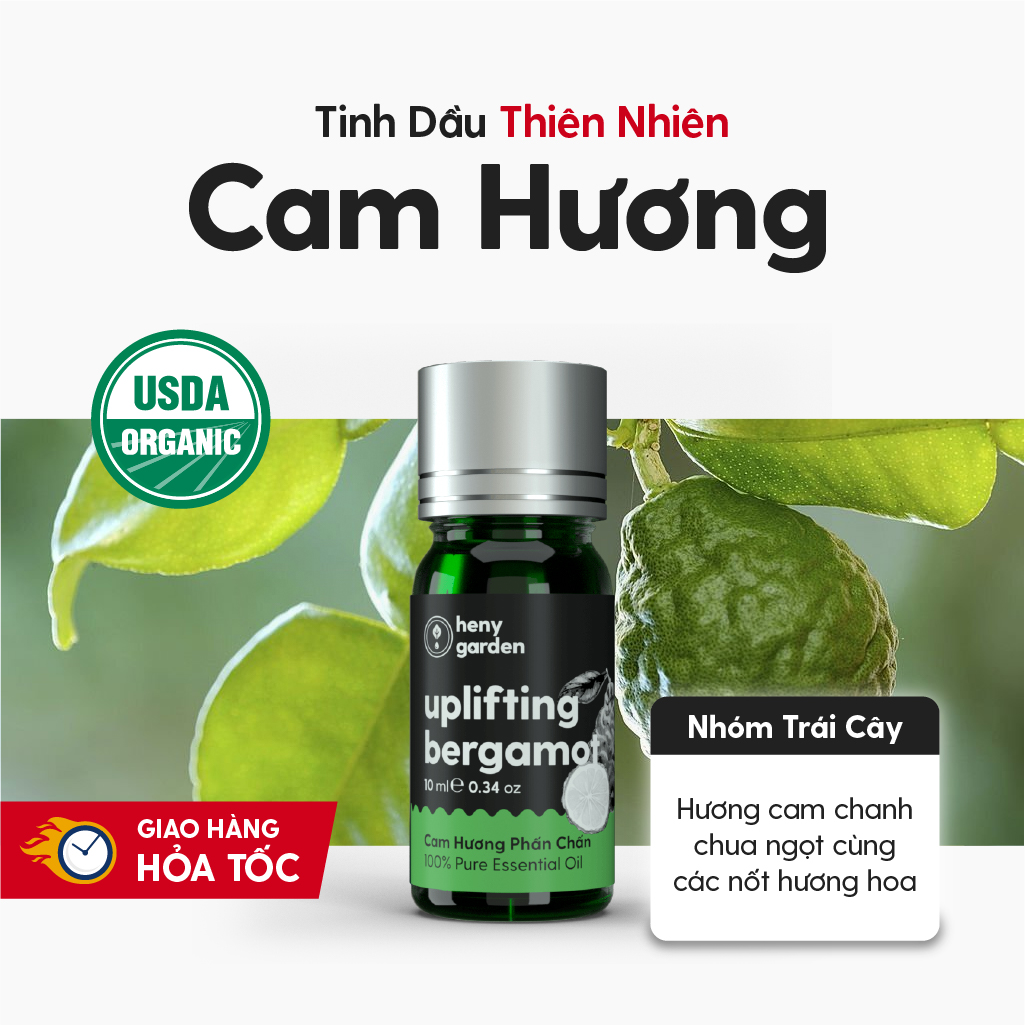 Tinh Dầu Thơm Phòng Cam Bergamot Organic Thiên Nhiên Nguyên Chất Đậm Đặc HENY GARDEN Xông Thơm Phòng, Làm Nến Thơm Thư Giãn Giúp Dễ Ngủ 10mL