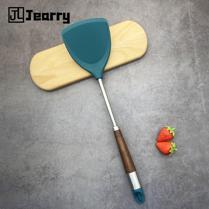 Gambar Jearry Silicone Spatula Walnut Style Heat Resistant Food Grade 304 Stainless Steel Silicone Turner Kitchen Utensils