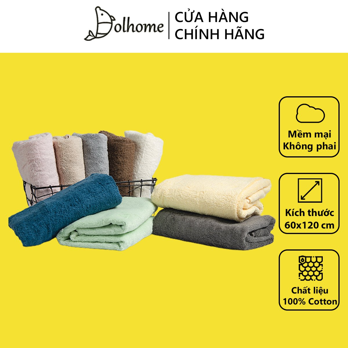 Khăn Tắm Hàn Quốc Dolhome chất liệu 100% cotton kích thước 60x120cm mềm mại,thấm hút nước,không đổ lông,không gây kích ứng da đạt tiêu chuẩn dệt may IQC-20504