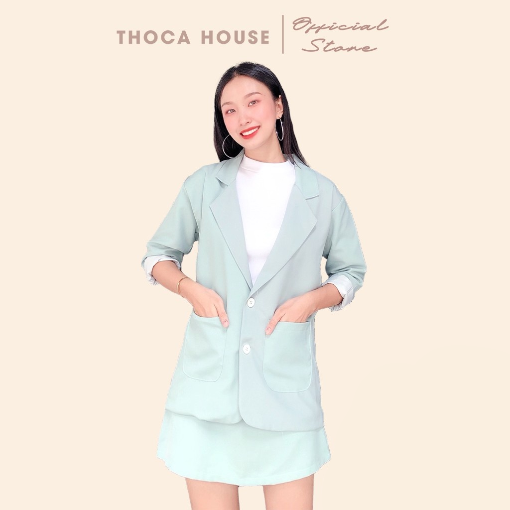 Set áo khoác vest 2 túi phối chân váy lưng thun THOCA HOUSE vải dày đi làm, đi học freesize dưới 56kg