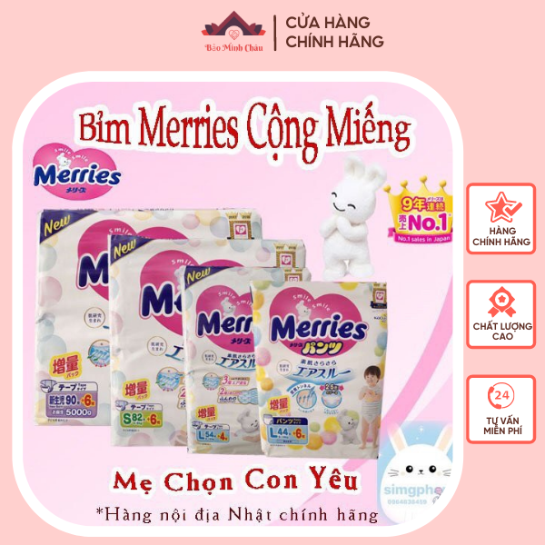 [FREESHIP 50K] Tã/Bỉm Merries cộng miếng Nội Địa Nhật đủ size Dán NB96/S88/M68, Quần M64/L58/XL44/XXL28