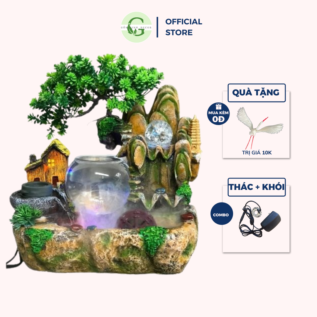 Thác nước phong thuỷ kèm bể cá mini- Tiểu cảnh hòn non bộ-Thác phong thủy để bàn