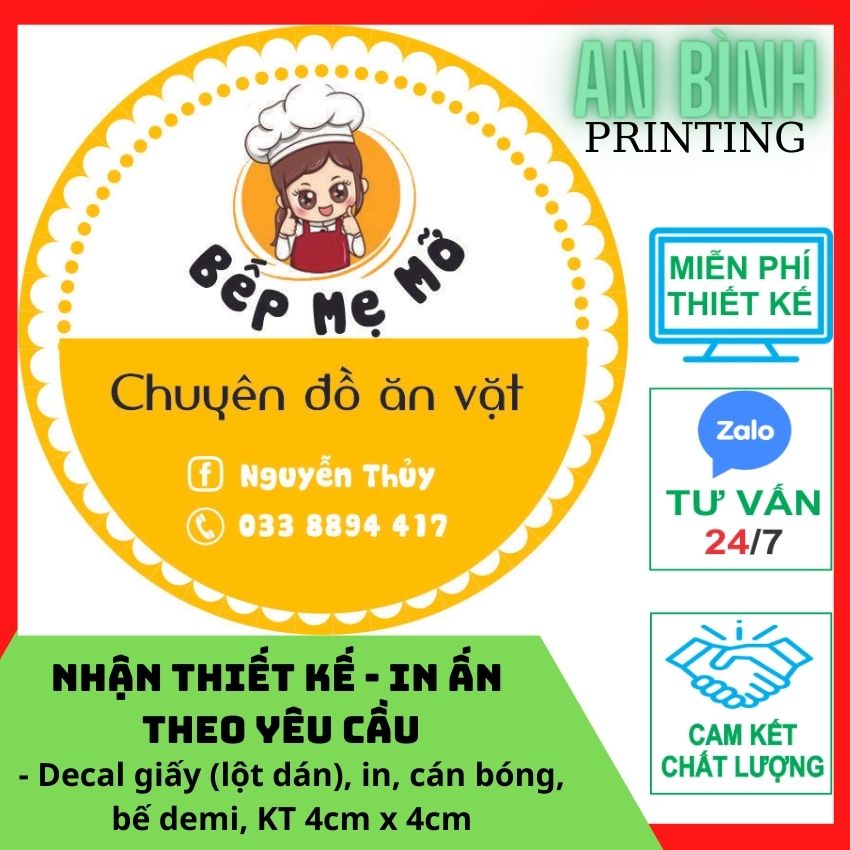 COMBO 100 TEM NHÃN, STICKER, LOGO...IN, THIẾT KẾ, CẮT, BẾ THEO YÊU CẦU ,CHẤT LIỆU DECAL GIẤY LỘT DÁN, CÁN MÀNG KT 4cmx4cm,  An Bình printing