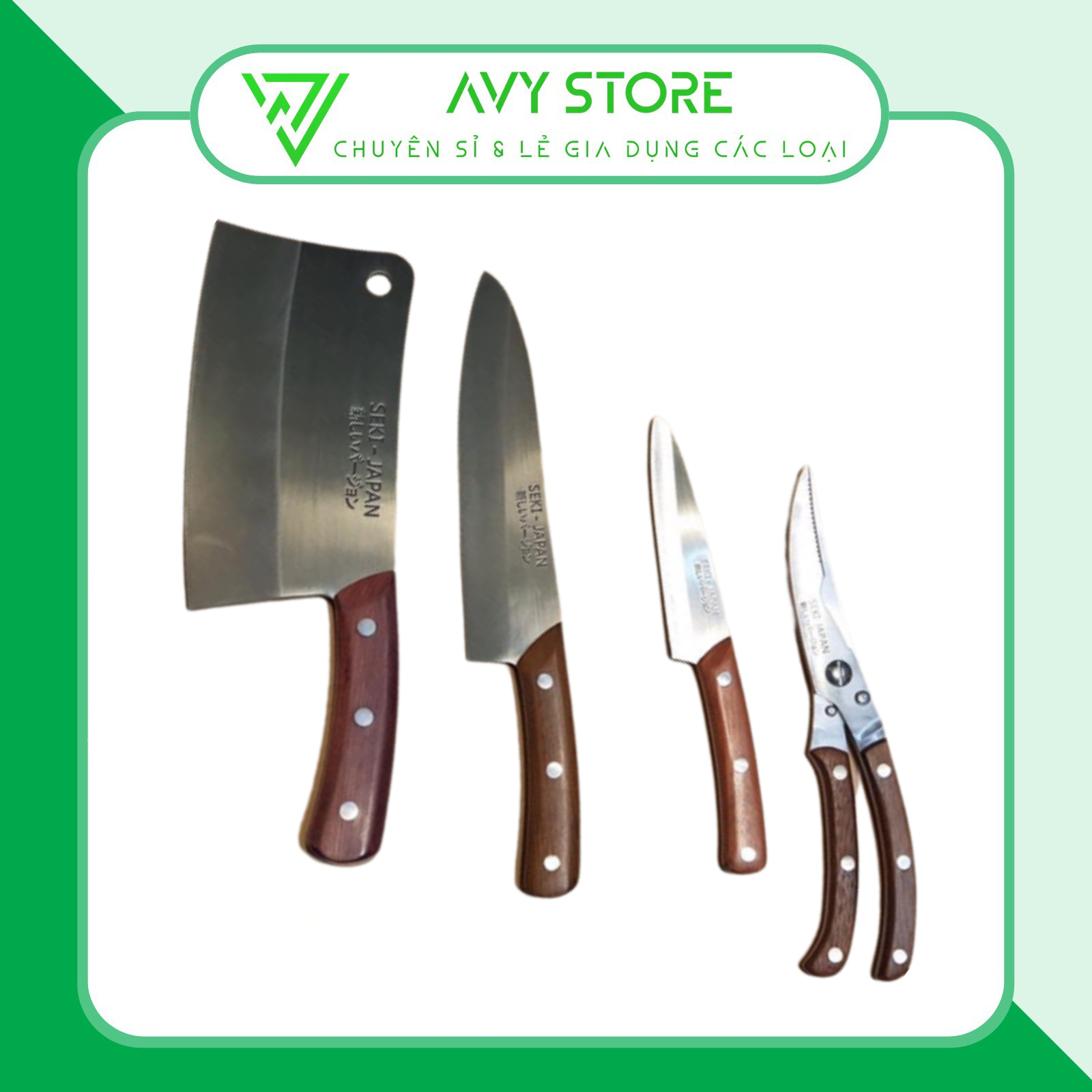 Bộ dao kéo 4 món seki đa năng cao cấp nội địa nhật bản gồm: dao chặt, gọt, thái, kéo cắt xương
