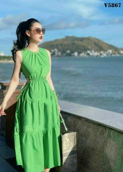 Đầm Nữ Thiết Kế Cổ Trái Tim Chất Phi Lụa Có Mút ,  Một Màu Xanh Chuối Được Nhiều Qúy Cô Lựa Chọn Dx