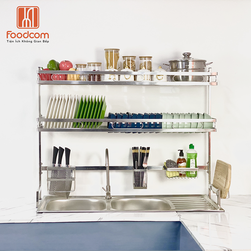 Kệ đựng chén bát inox Foodcom - kệ bát inox để bồn rửa - Loại 2 tầng - size 66cm, 86cm và 106cm