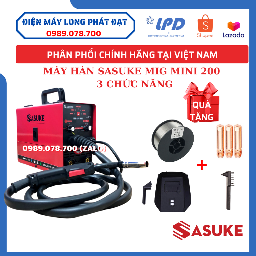 Máy hàn Sasuke MIG Mini 200  3 chức năng - Tặng kèm cuộn dây hàn 1kg lõi thuoc và 3 bép hàn - đầy đủ phụ kiện - bảo hành chính hãng 15 tháng