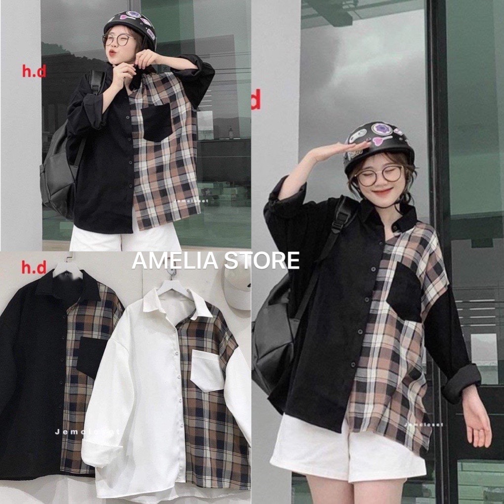 Áo sơ mi phối kẻ caro be nam nữ UNISEX phom rộng dáng dài, áo sơ mi kiểu, sơ mi đi học, sơ mi dài tay caro ulzzang, áo sơ mi đen , trắng phối caro 1 túi thời trang hàn quốc, AMELIA