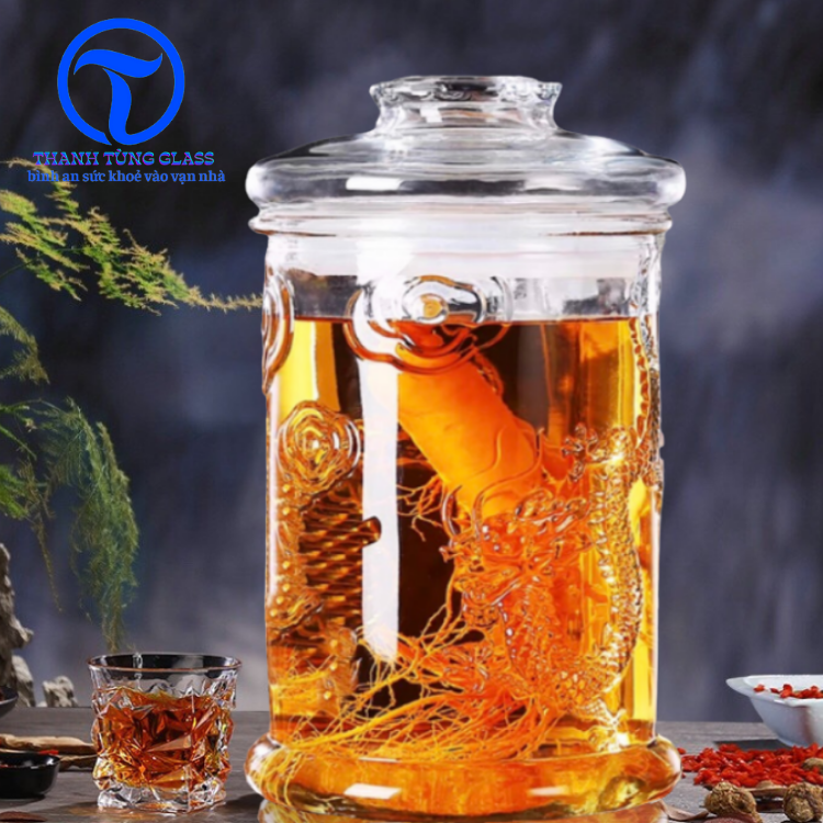 Bình ngâm sâm thủy tinh 6 lít hoa văn rồng - không vòi