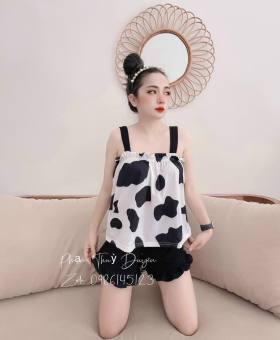 SET BỘ ĐỒ CHẤM TRẮNG ĐEN BÒ SỮA Siêu Hot nhất hiện nay-Phối quần đùi siêu xinh YTNY6
