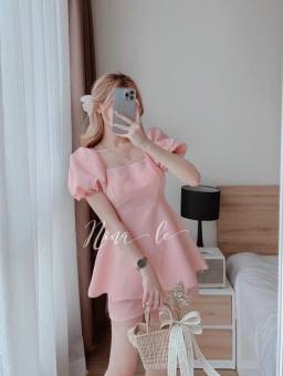 Sét bộ đồ nữ tay phồng dáng xòe cột nơ lưng (có mút) phối quần đùi bánh bèo dễ thương