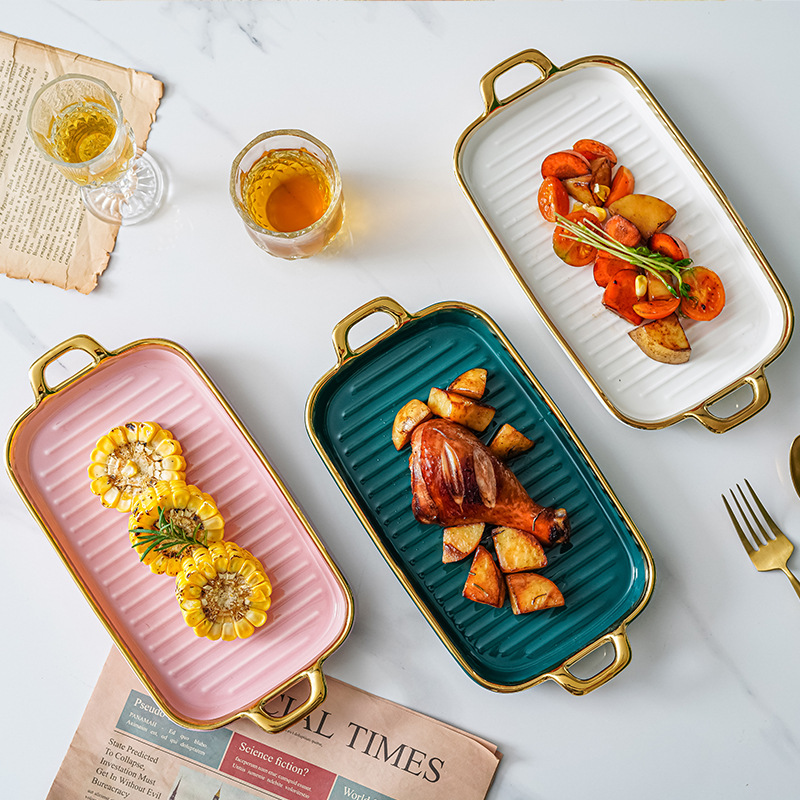 Gambar Nordic ins binaural long square flat plate household ceramic plate snack plate creative net red fish plate sushi long plate