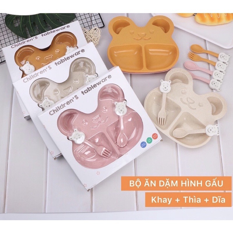 Khay ăn dặm lúa mạch cho bé hình Chú Gấu ngộ nghĩnh, tặng kèm bộ thìa, nĩa