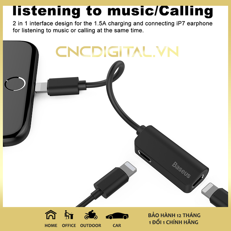 Jack chuyển đổi Baseus L37 1 Lightning ra 2 Lightning - vừa sạc / vừa nghe nhạc / đàm thoại cùng lúc tiện lợi cho iPhone /iPad - Hàng Chính Hãng bảo hành