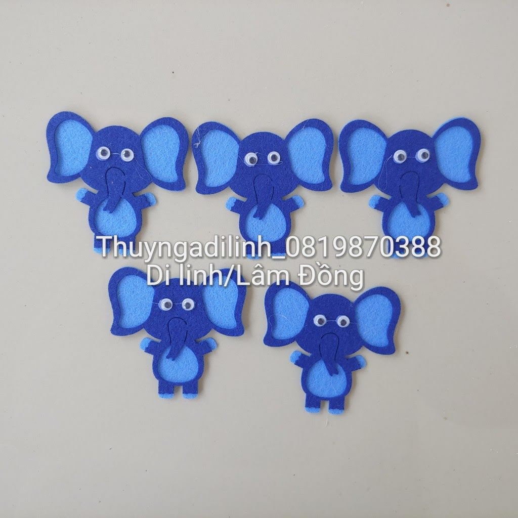 Sét 5 con voi vải nỉ 7cm x7cm mầm non