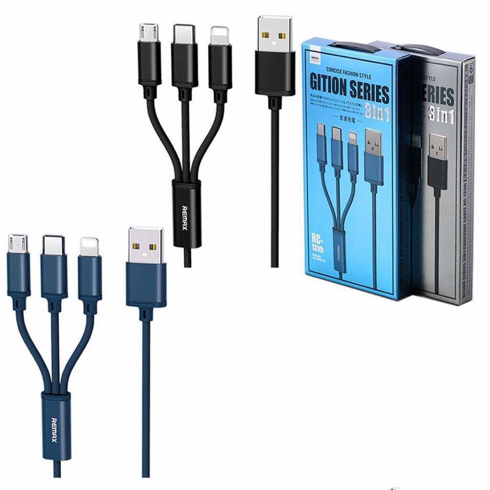 Cáp sạc nhanh remax 3 đầu rc-131th trang bị 3 cổng sạc lightning + micro usb + type c