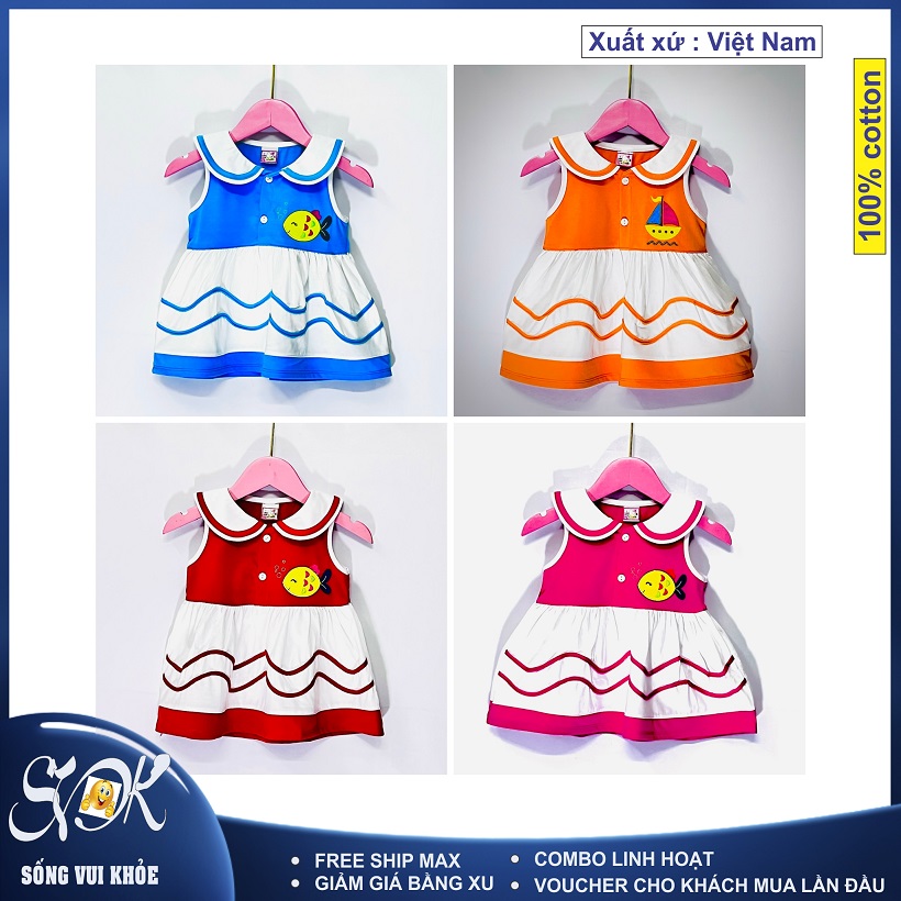 Đầm cho bé gái, váy trẻ em sơ sinh (0-2)tuổi từ (4-12)kg thun cotton thêu họa tiết chủ đề biển