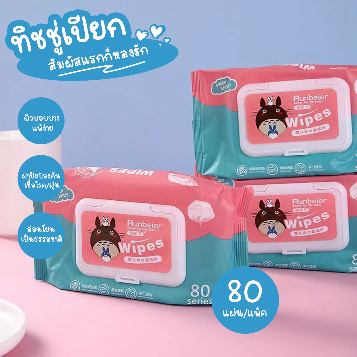 RUNGREUANGSUP ปลีก/ส่ง B288 ทิชชู่เปียก 80 แผ่น กระดาษเปียก  กระดาษทิชชู่เปียก สูตรน้ำบริสุทธิ์ ผ้านุ่มชุ่มชื่น