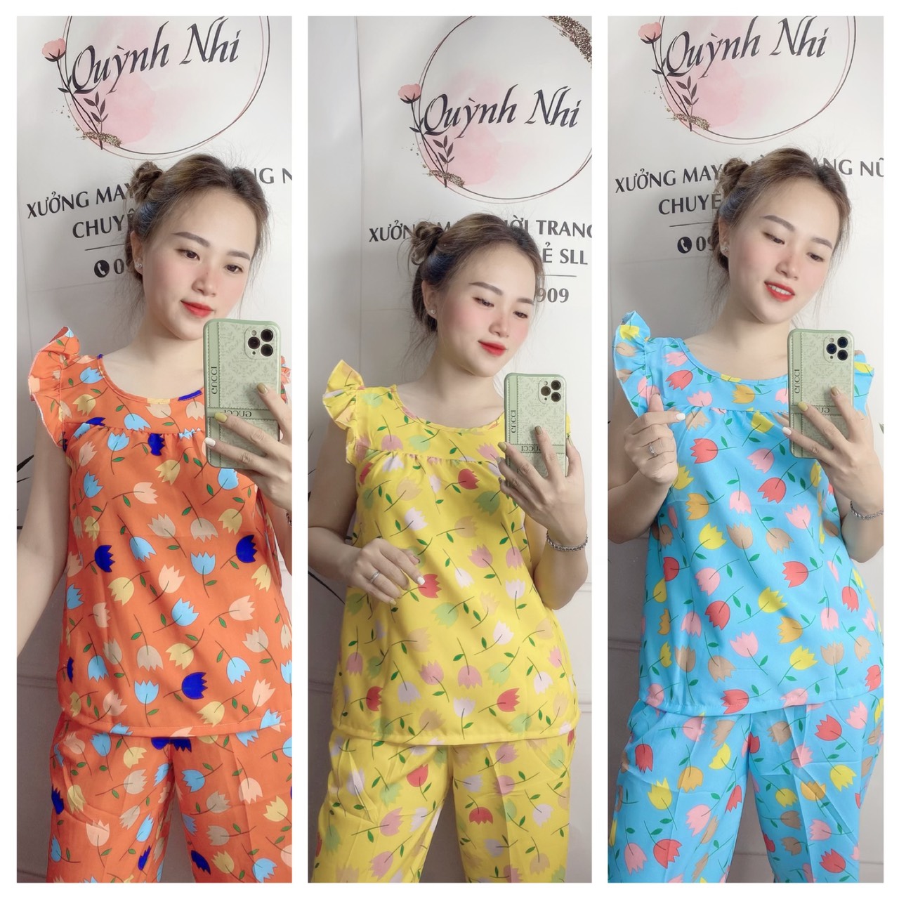 Đồ bộ lụa lửng mặc nhà dễ thương họa tiết hoa tulip có size 40-75kg - lua30