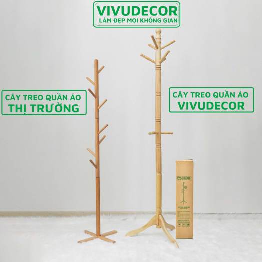 Cây Treo Quần Áo Vivudecor 100% Gỗ Tự Nhiên, Cây Treo Đồ GH 9 Nhánh Lắp Ráp Xuất Khẩu Hàn Quốc.