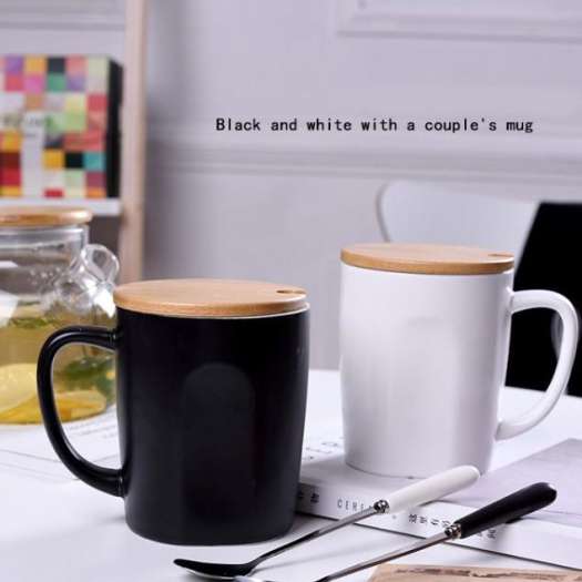 Cốc cà phê cốc uống trắng đen 500ml chất liệu gốm sứ cao cấp có nắp đậy và thìa pha cà phê pha trà