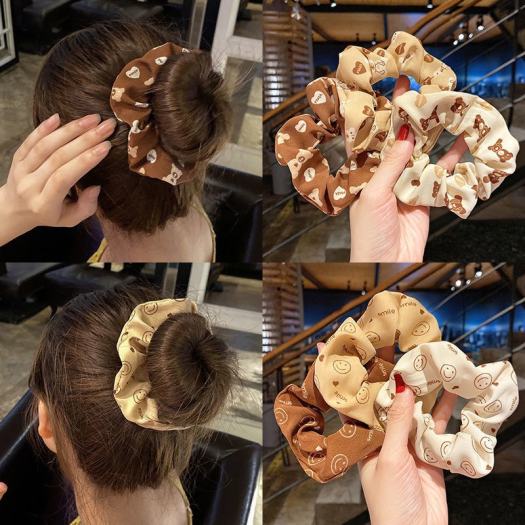 Dây buộc tóc scrunchies vải hàn quốc họa tiết dễ thương, dây chun cột tóc màu nâu, be, trắng LABIZI BT06