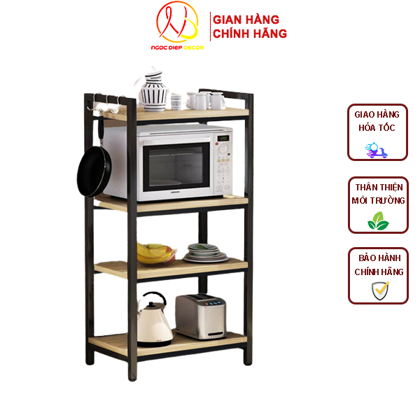 Kệ gỗ 4 tầng để đồ nhà bếp, lò vi sóng, nồi cơm điện CAO CẤP, khung thép sơn đen CHỐNG HAN GỈ